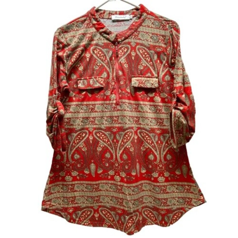 Ninedaily‎ 3/4 Sleeve Blouse Women's Large Red Tan Paisley 1/2 Zip Casual Tunic